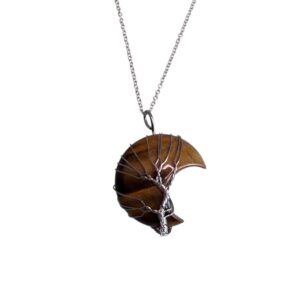 Collier croissant de lune en cristal arbre de vie/ œil de tigre